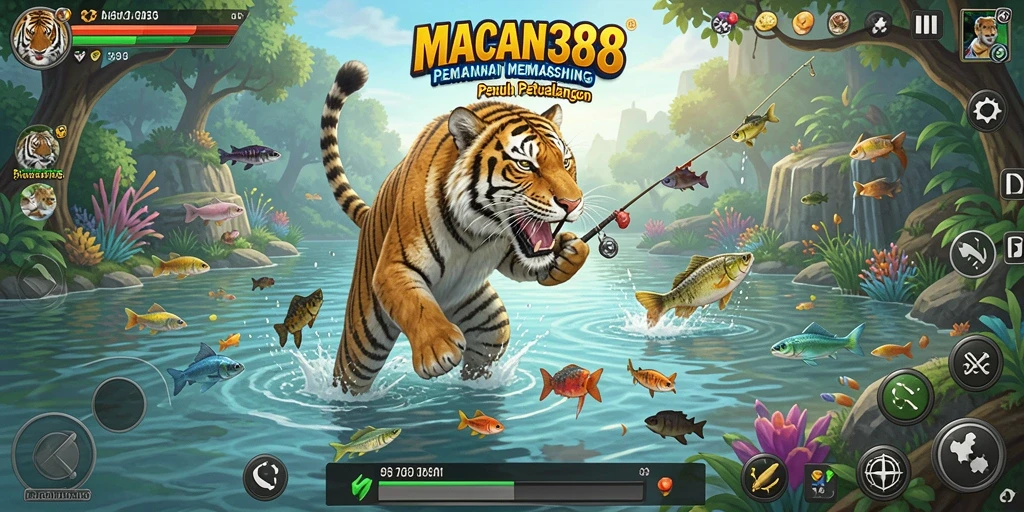 Screenshot utama MACAN388 menunjukkan gameplay memancing yang mendebarkan dan penuh warna.
