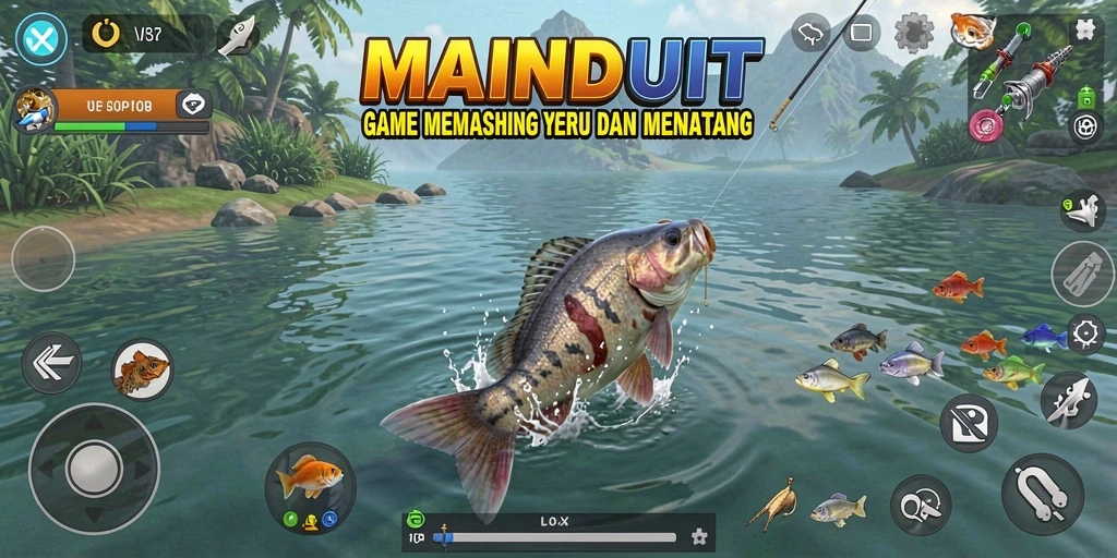 Screenshot gameplay MAINDUIT menunjukkan aksi seru memancing di danau indah.