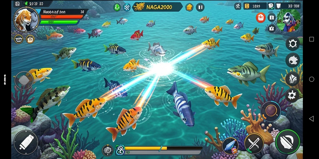 Tampilan gameplay seru NAGA2000 saat menembak ikan di laut.