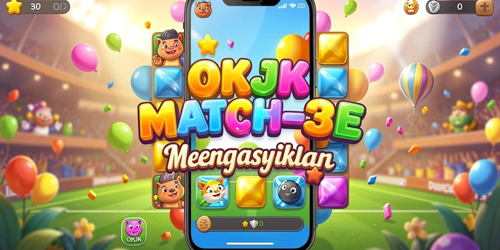Screenshot utama OKJK menunjukkan gameplay Match-3 yang seru.