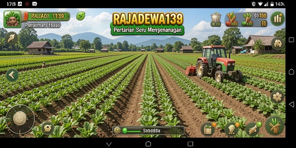 Screenshot RAJADEWA138 menampilkan kebun indah dan aktivitas bertani.