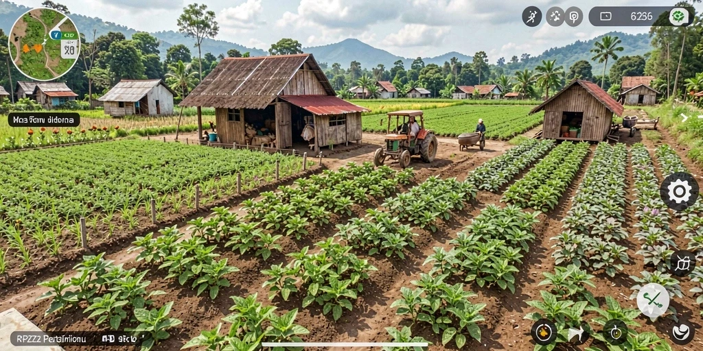 Screenshot gameplay RPZZZ dengan tampilan ladang yang indah dan penuh warna.