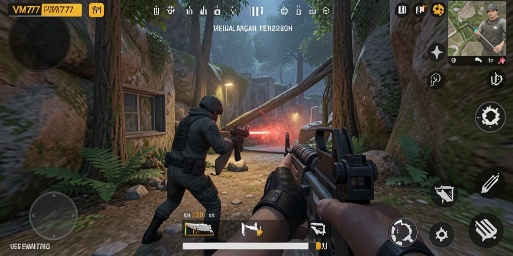 Tangkapan layar utama VM777 menampilkan aksi seru dalam gameplay TPS.